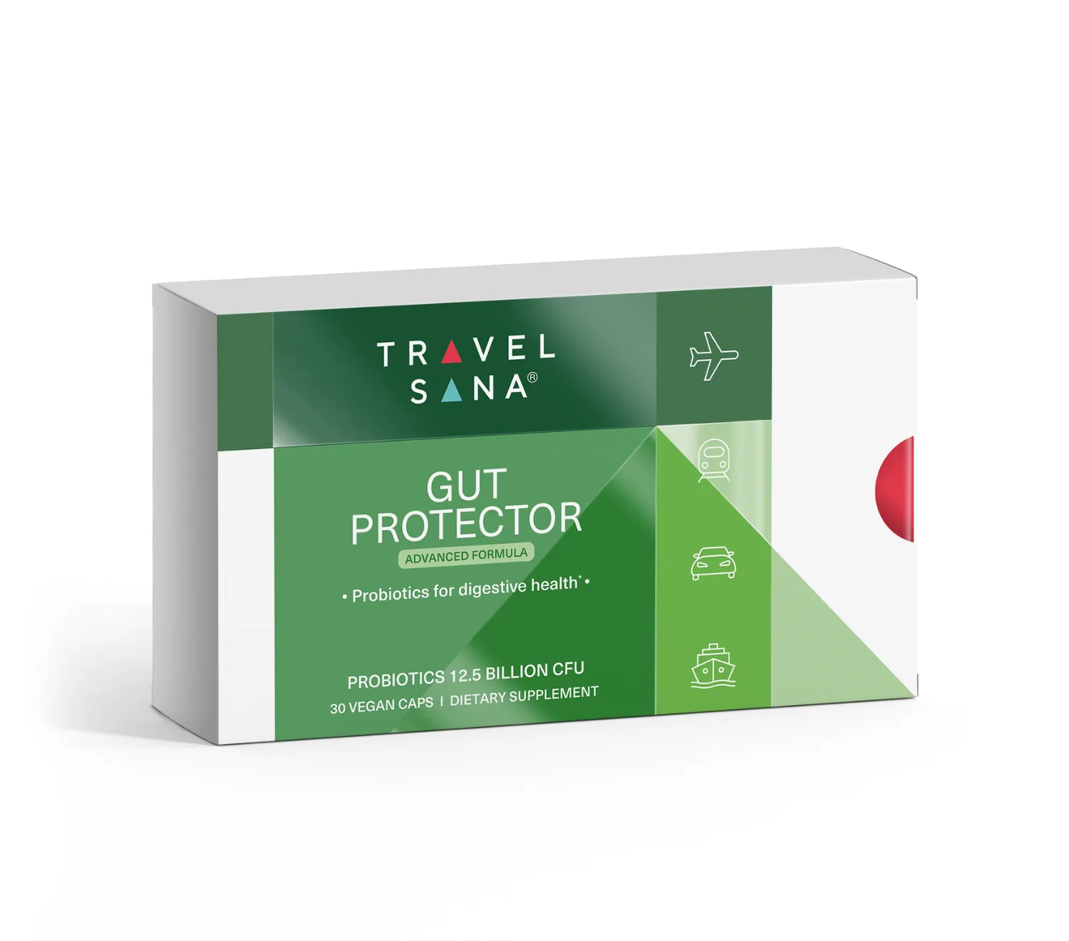 Gut Protector Advanced travel supplement capsules presented as a luxury wellness product image, styled with travel essentials like a passport, carry-on tag, and a glass of water, clean minimal background, premium editorial product photography aesthetic.