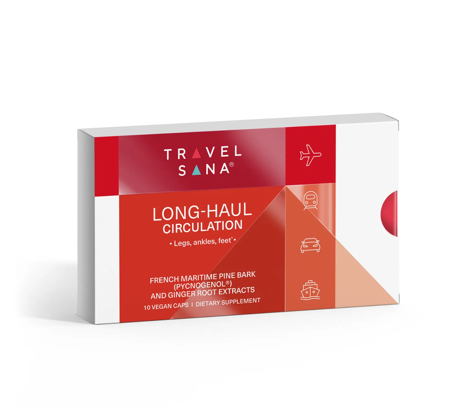 Long-haul Circulation travel supplement presented as a luxury wellness product image, styled with in-flight comfort items like compression socks, a silk eye mask, and a glass of water, clean minimal background, premium editorial product photography aesthetic.