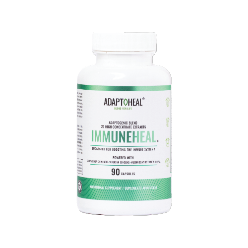 Adaptoheal USA Immuneheal supplement capsules product image; immune support adaptogen and medicinal mushroom formula; clean, minimal product-style presentation suitable for a wellness editorial layout.