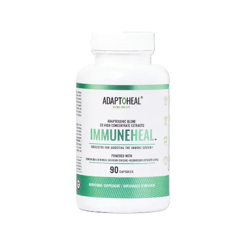 Adaptoheal USA Immuneheal supplement capsules product image; immune support adaptogen and medicinal mushroom formula; clean, minimal product-style presentation suitable for a wellness editorial layout.