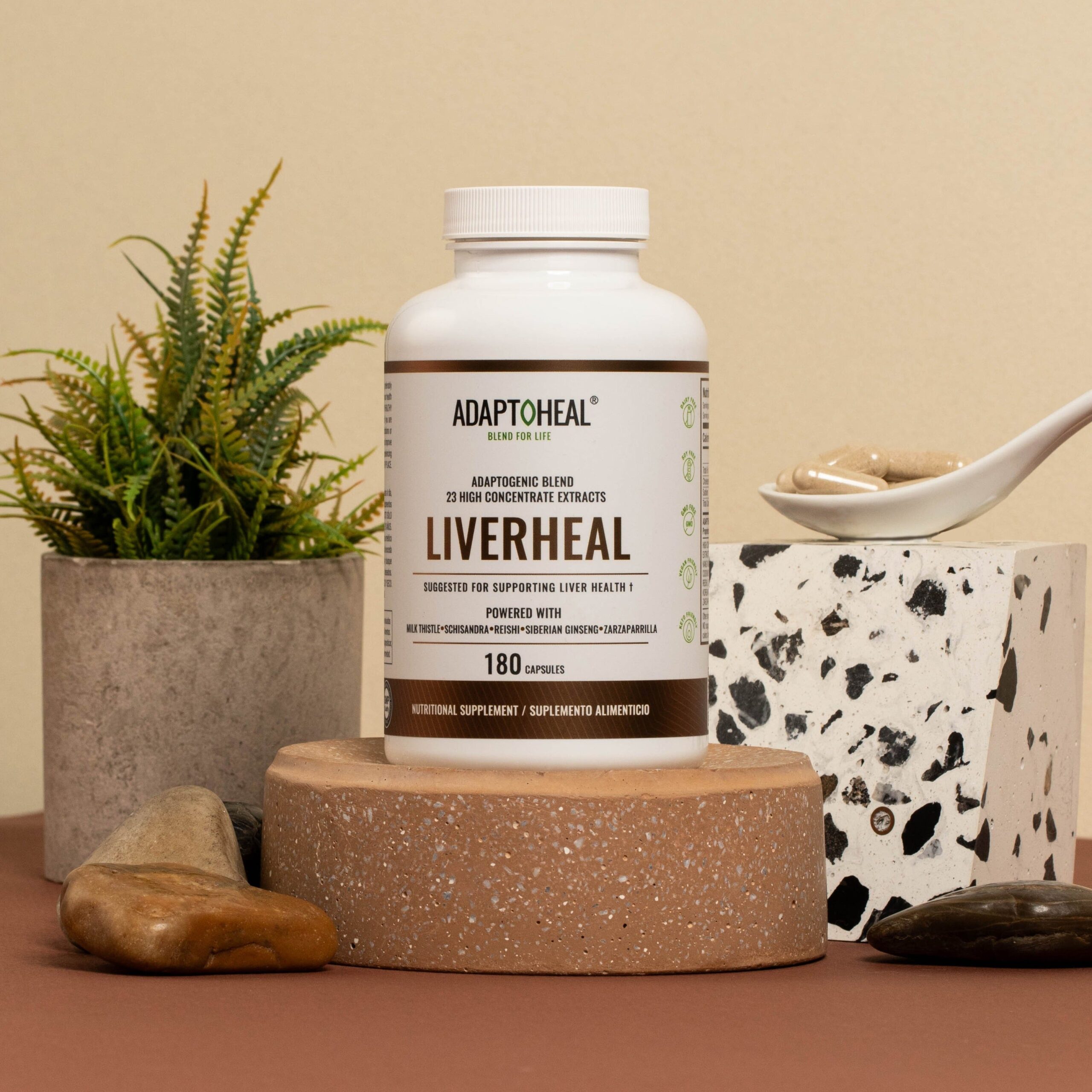 Adaptoheal USA Liverheal supplement capsules product image; comprehensive adaptogenic liver support formula; clean, minimal product-style presentation suitable for a wellness editorial layout.