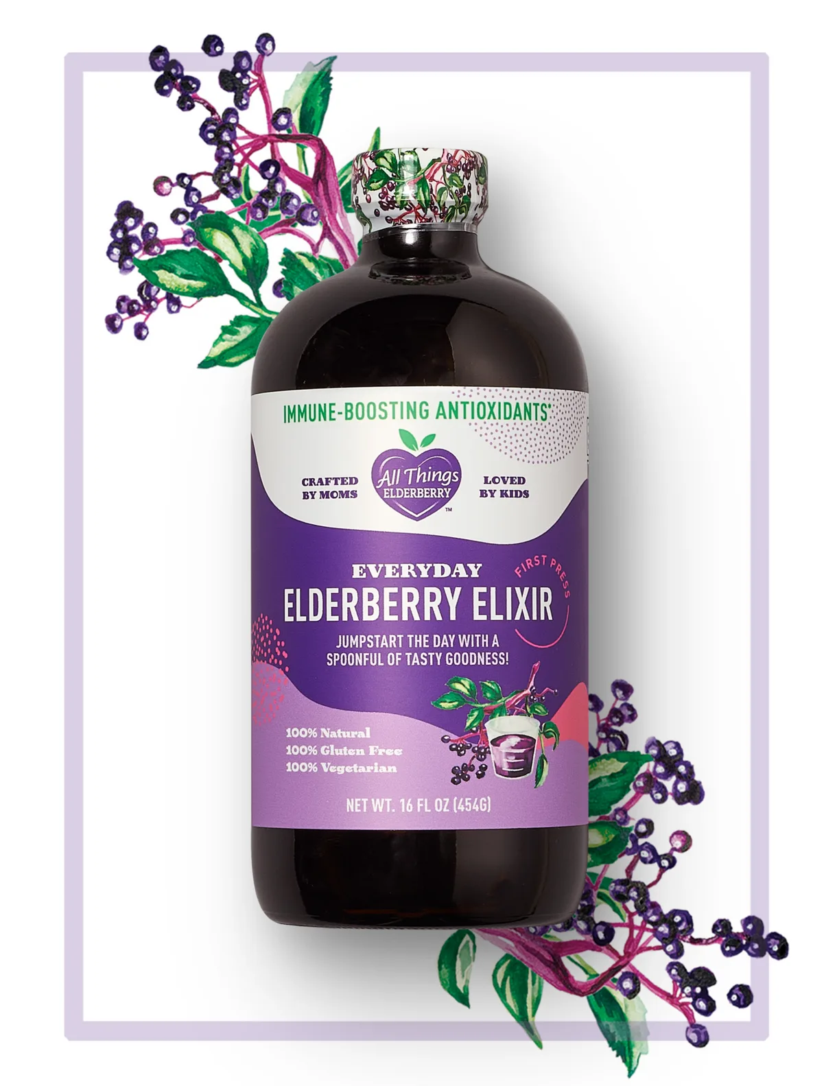 Elderberry Elixir bottle with honey and fresh elderberries