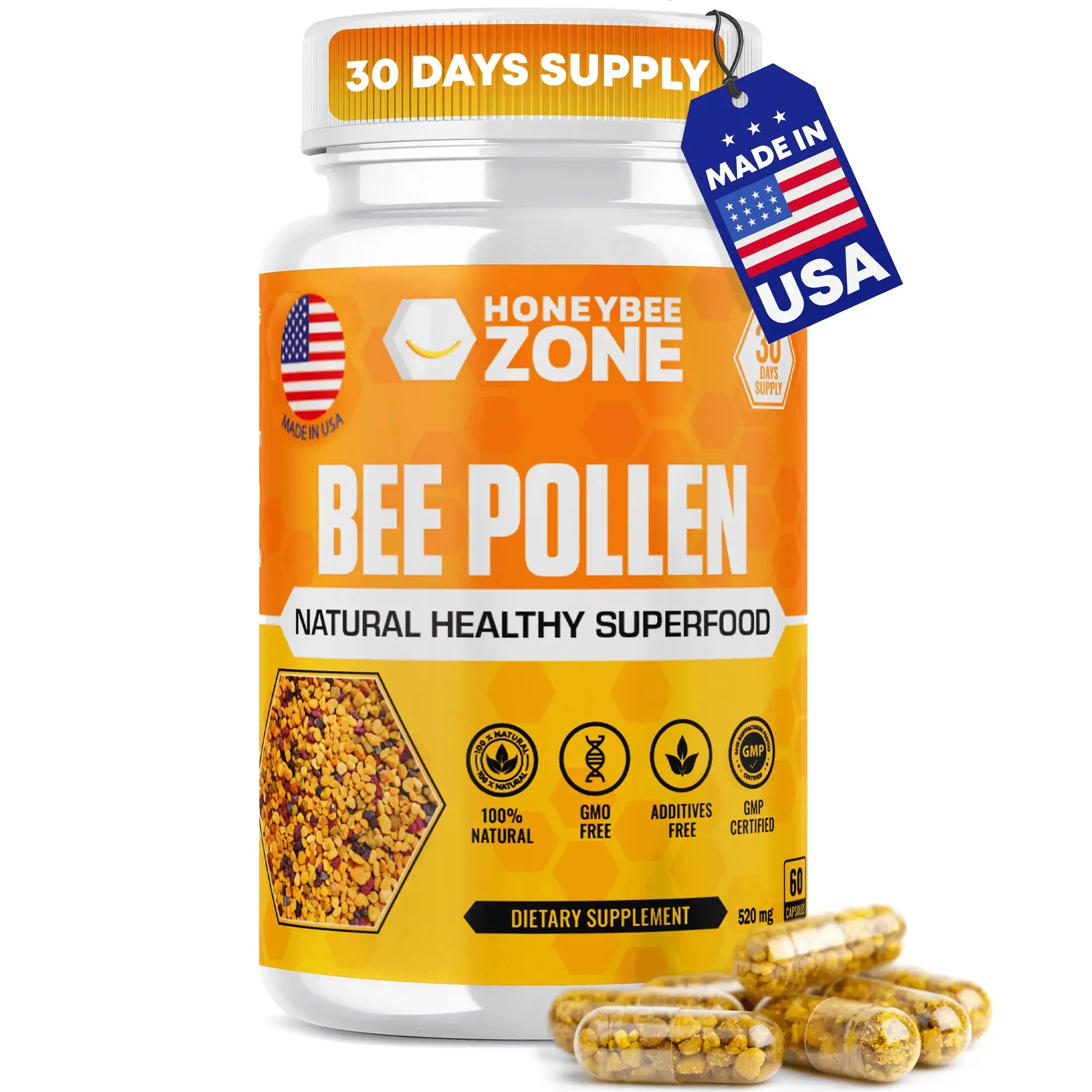 Natural Bee Pollen capsules for daily nourishment and energy support from HoneyBeeZone
