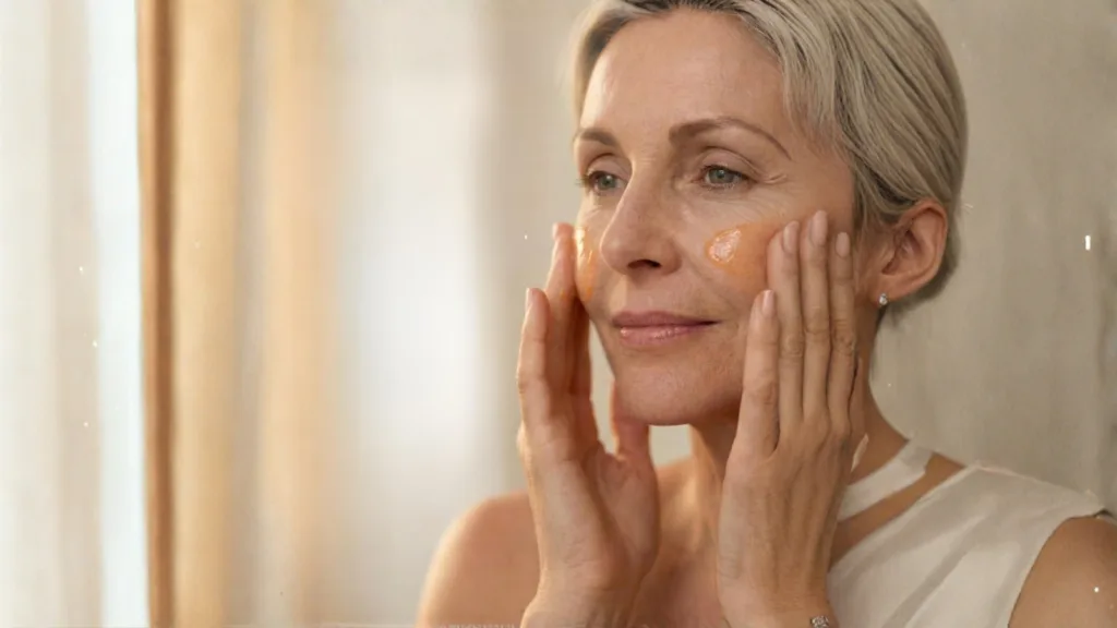 mature woman nighttime skincare ritual soft lighting