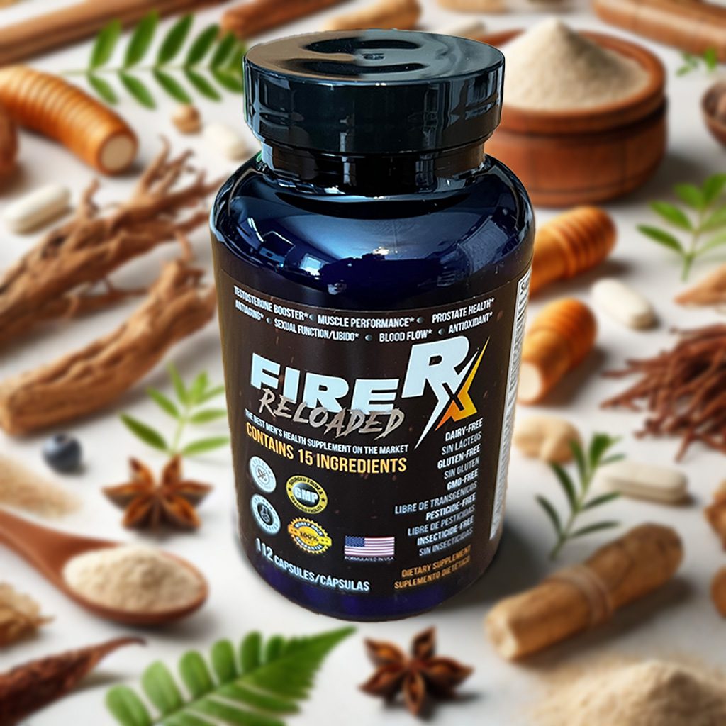 Bottle of FireRx Reloaded dietary supplement for men