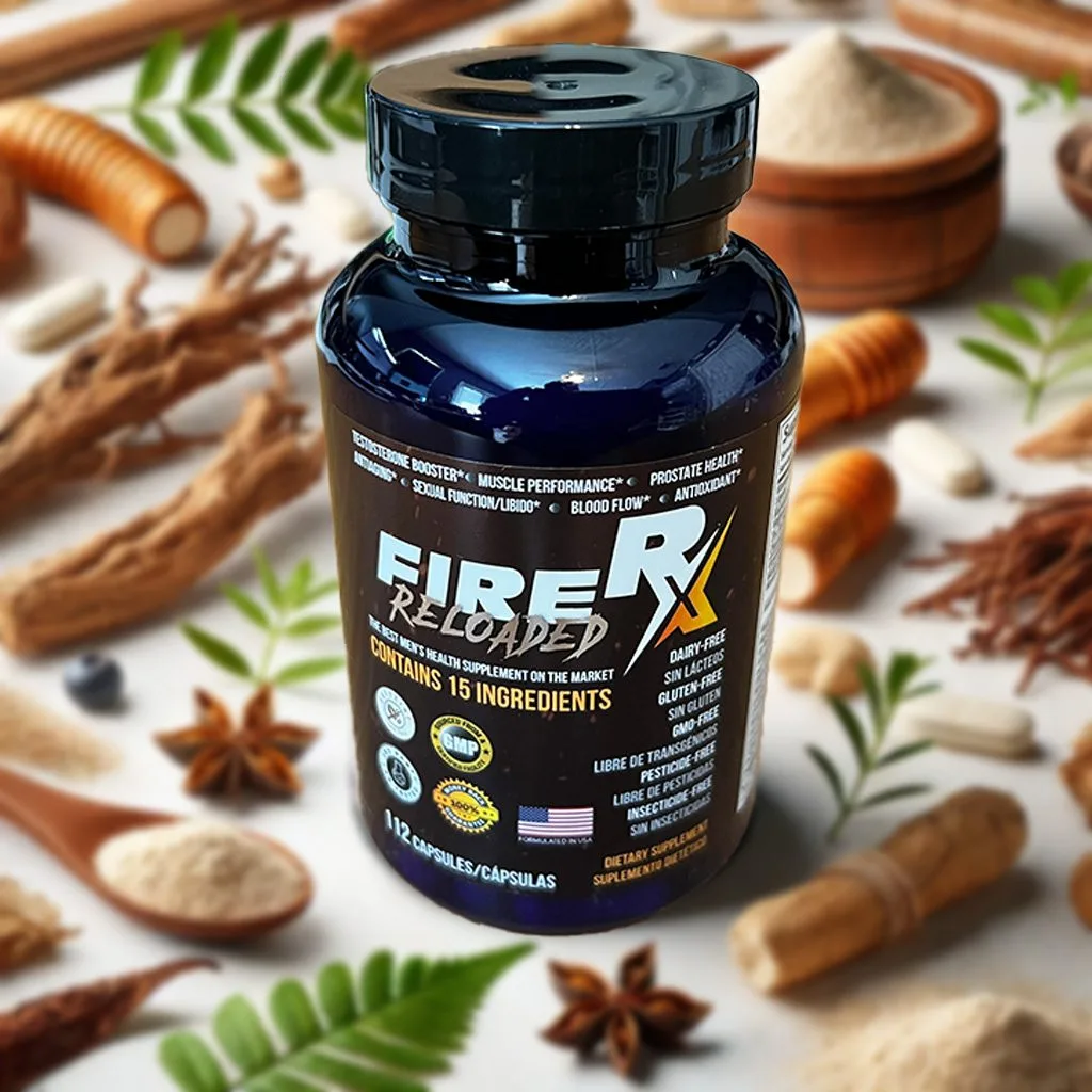 Bottle of FireRx Reloaded dietary supplement for men