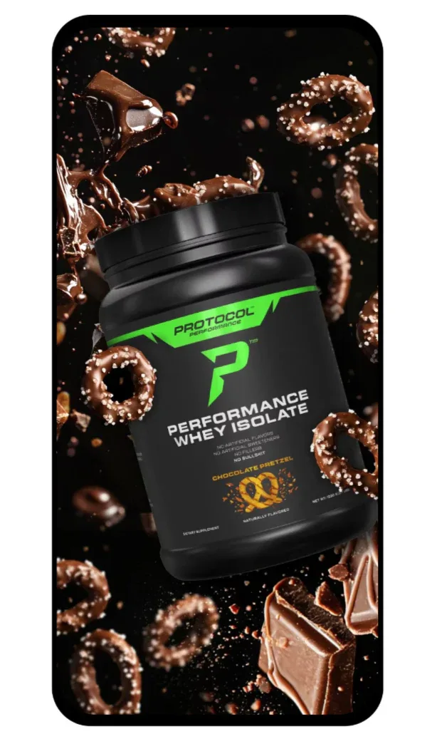 Protocol Whey Protein Isolate by Protocol Performance product photo: whey protein tub styled in a clean, premium fitness nutrition setting