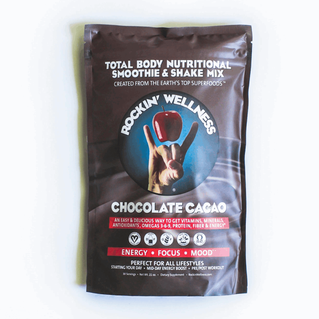 Rockin Wellness Chocolate Cacao Mix product package on cozy winter kitchen counter
