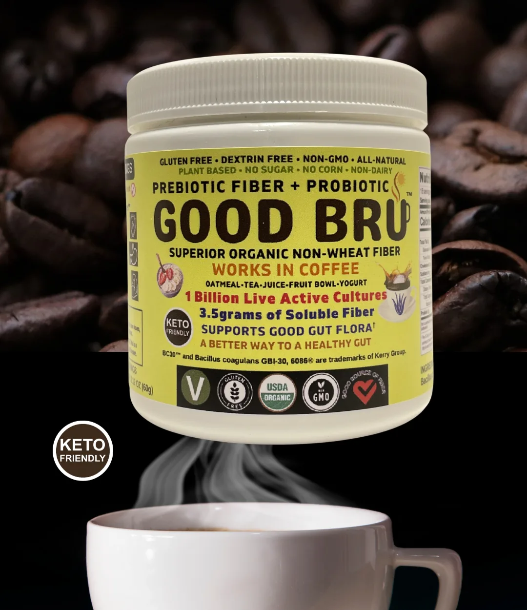 Good Bru Organic Prebiotic Fiber + Probiotic synbiotic powder, premium wellness supplement product image placeholder