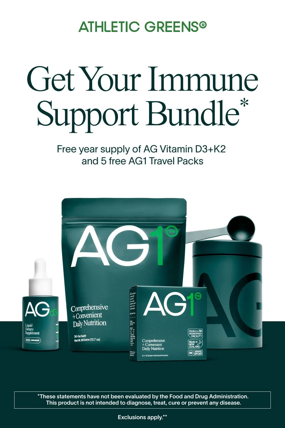 Advertisement: Athletic Greens - Get Your Immune Support Bundle, free year supply of AG Vitamin D3 plus K2 and five free AG1 travel packs