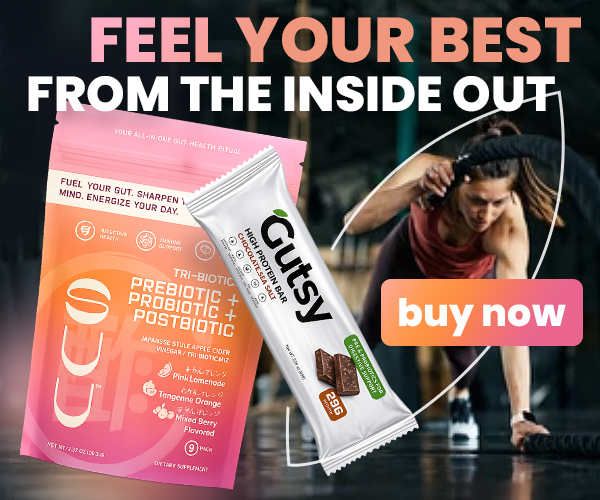 Advertisement: Fermenta - Feel your best from the inside out, tri-biotic prebiotic, probiotic and postbiotic drink mix with Gutsy high protein bar