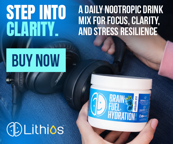 Advertisement: Lithios - Step into clarity, a daily nootropic drink mix for focus, clarity and stress resilience, Brain Fuel plus Hydration in blue raspberry